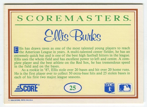 1989 Score Scoremasters #25 Ellis Burks Boston Red Sox - Picture 2 of 2