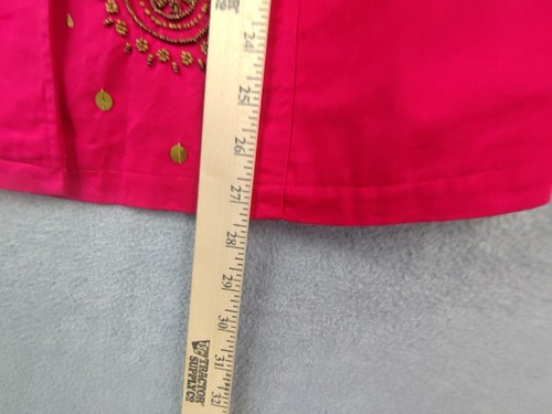 Quacker Factory Womens Jacket Medium M Red Denim Button Up Beaded Floral Boxy - Picture 9 of 11