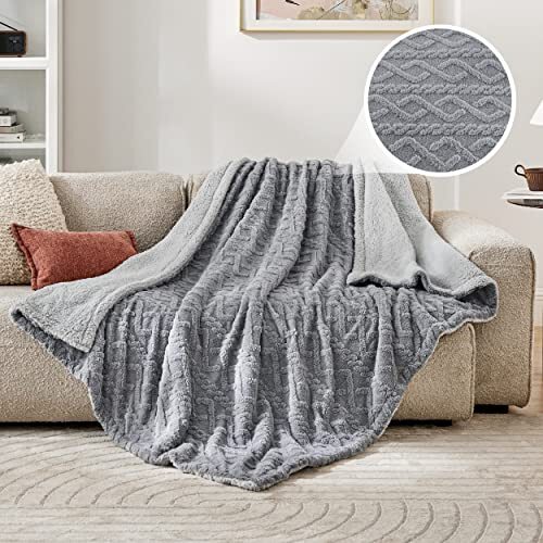 Manta Sherpa para sofá - Suave difusa acogedora (50" x 60") 01 - Gris - Imagen 4 de 7