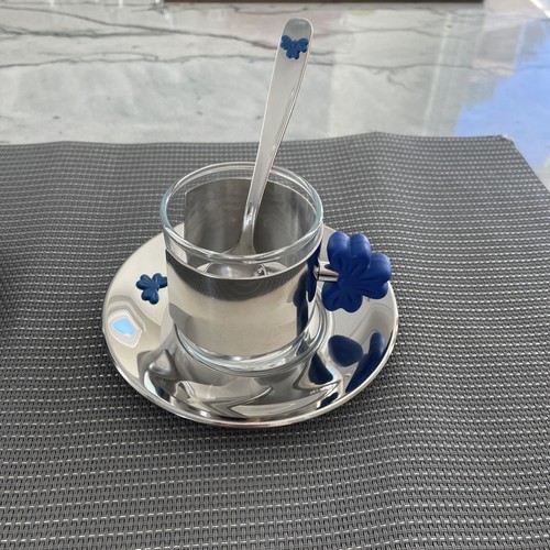 Inoxpran 18/10 Pyrex 2 Demitasse 3Piece Sets Cups Saucers Spoons Blue Bows Italy - Picture 2 of 13