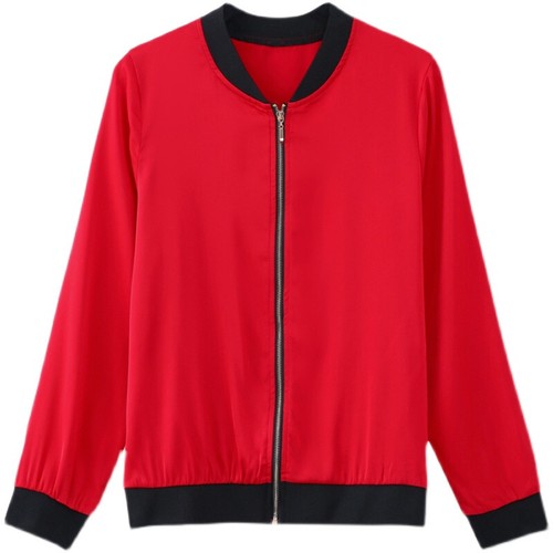 Women Long Sleeve Stand Collar Zip Up Baseball Bomber Jacket Solid Thin Coat Top - Imagen 6 de 22