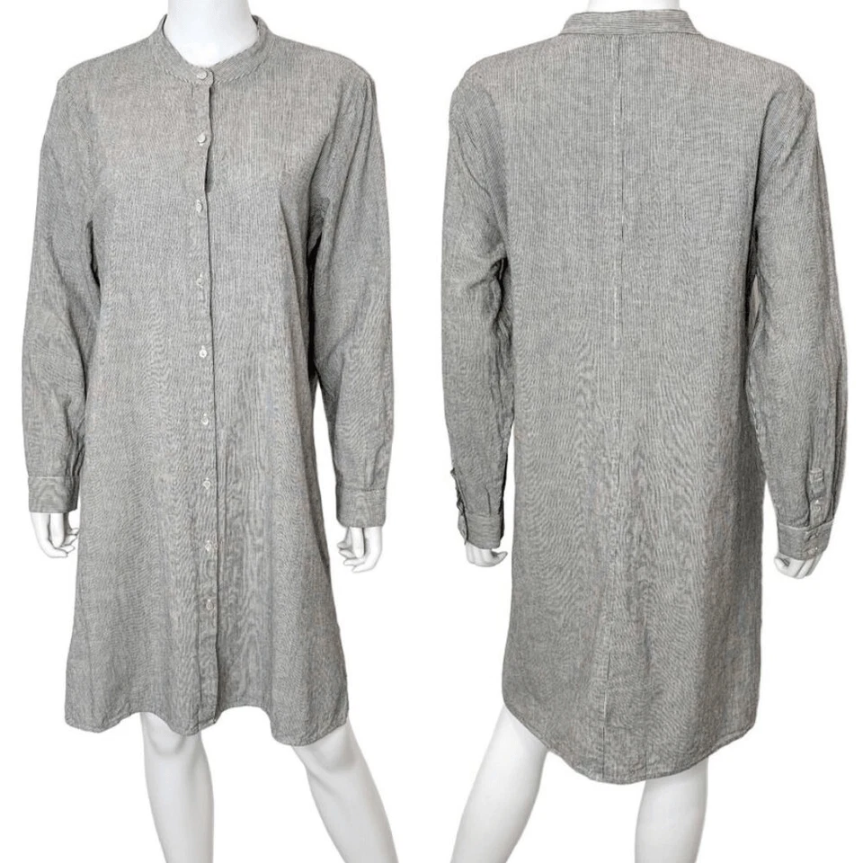 Eileen Fisher Organic Cotton Linen Ticking Stripe Long Sleeve Shirt Dress Size M - Image 3 of 4