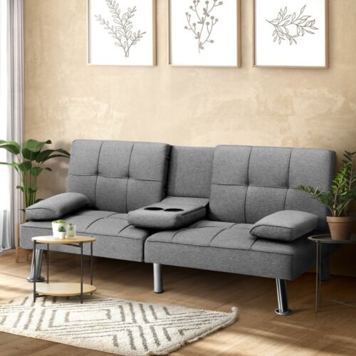 Sofa Bed Lounge 3 Seater Futon Couch Beds Chair Recliner Cup Holder Fabric Grey - Picture 6 of 8