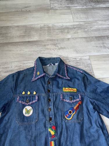 Vintage Guitars Blue Denim Jacket Mens Size Large Rockabilly Pins Patches Nice! - Picture 2 of 15