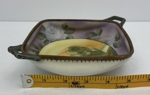 Antiguo plato cuadrado de baratija de caramelo Nippon Morimura de 7,75" con asas pintado a mano - Imagen 11 de 11