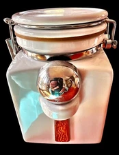 OGGI White Porcelain Canister Air Tight Stainless Closure & Spoon 6.5” Tall 4”sq