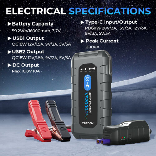 TOPDON 2000A Jump Starter &12V Battery Tester Power Bank Booster VS2000Plus - Picture 13 of 18