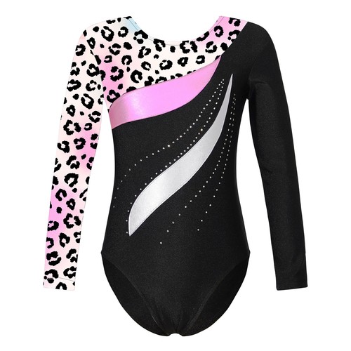 Girls Shiny Long Sleeve Gymnastics Leotard Activewear Unitards Biketard Bodysuit - Picture 20 of 66