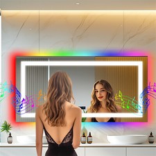 Overlength Rectangle RGB LED Bathroom Mirror w/ Bluetooth Speaker Vanity Mirror