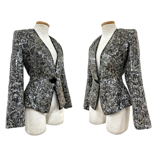 Vintage 1980s Nolan Miller Sequin Black and White Floral Blazer Evening Jacket - Picture 4 of 7