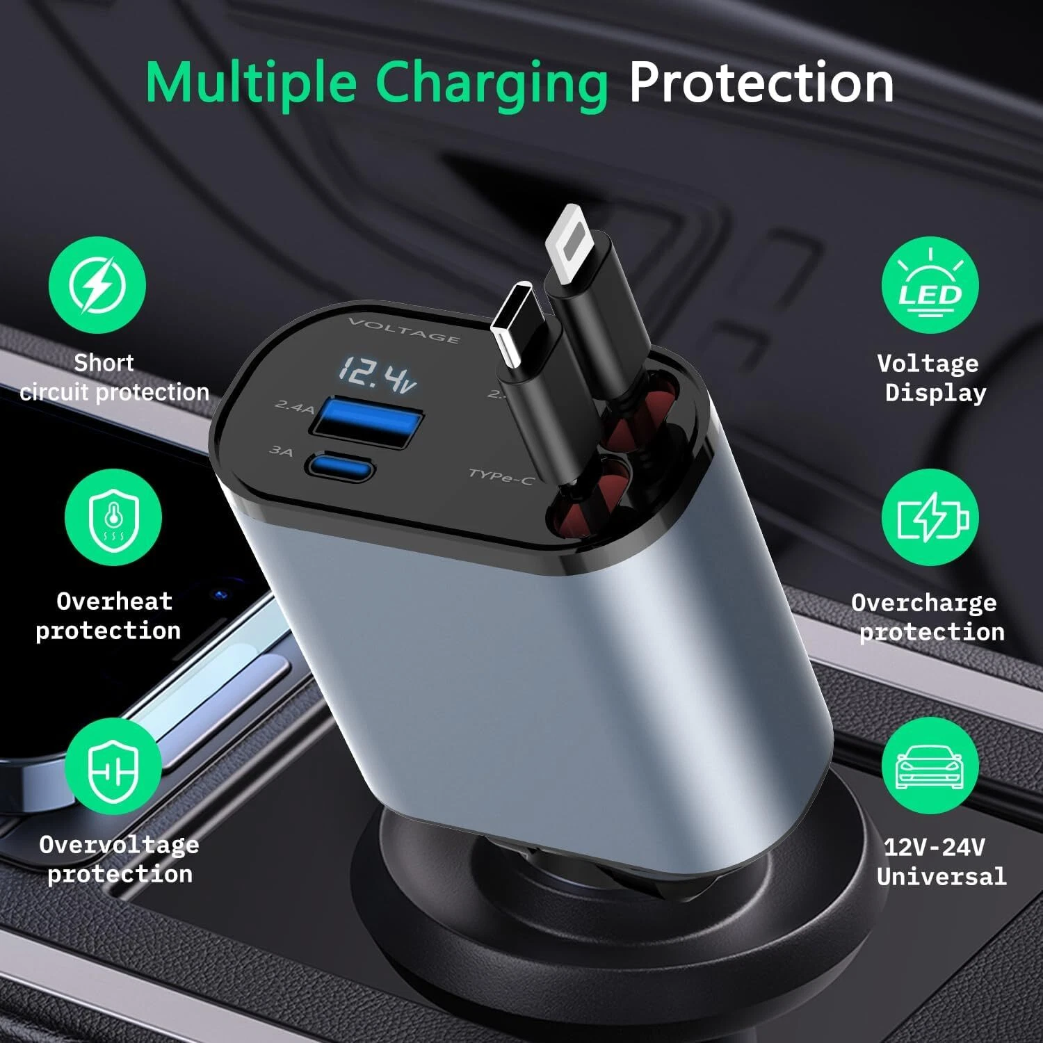 Retractable Car Charger 4 in 1 Fast Car Phone Charger 120W with USB Type C Cable Retractable Car Charger 4 in 1 Fast Car Phone Charger 120W with USB Type C Cable
