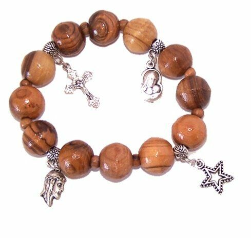 Elastisches Olivenholz Armband mit silberfarbenem Kreuz, Heiliges Gesicht, Stern, Maria mit Kind - Bild 1 von 4