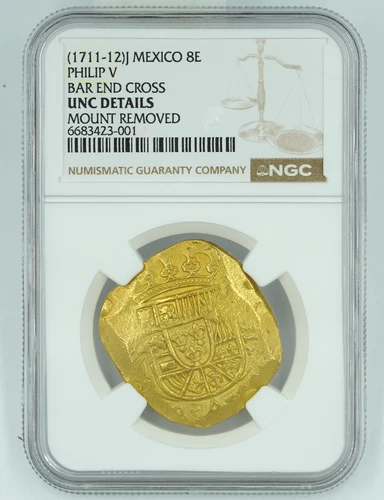 1711-12 Mexico 8 Escudos Bar End Cross NGC Unc Details Mount Removed