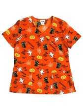 Womens Orange Halloween Ghost Cat Trick or Treat Stretch Scrubs Shirt