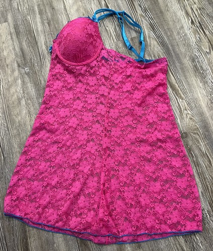 Just Sexy Intimate Women Hot Pink Floral Lace Underwired Blue Trim Night Dress S - Picture 3 of 12