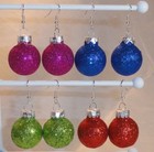 Green Pink Blue Purple Silver White Glitter Glass Ball Ornament Earrings - Red