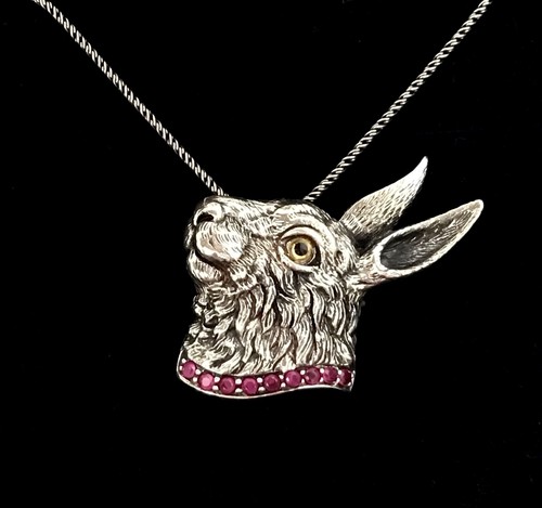 Antique Victorian style Sterling Silver Ruby Hare animal Brooch Pin Necklace - Picture 3 of 12