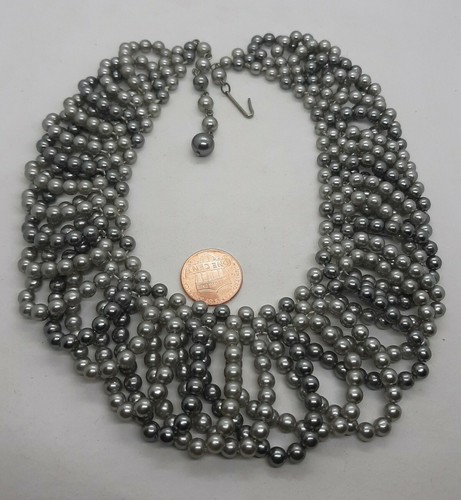 Vtg Faux Pearl Necklace Statement Bib Collar Beaded Gray & Silver - Picture 2 of 5