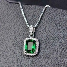 2Ct Cushion Cut Lab Created Emerald Women Pendant Chain 14K White Gold Plated
