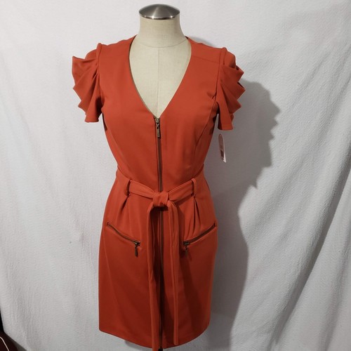 NWT Jessica Simpson Dress Pleated Sleeve Belted Rusty Orange Pockets Front Zip 6 - Picture 2 of 18