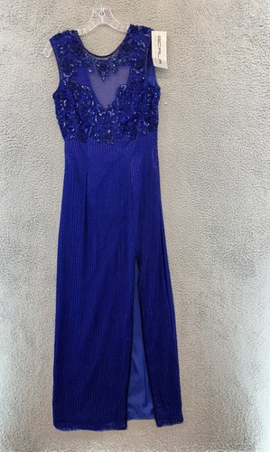 Vintage Scala 80er blau Seide Pailletten Perlen Maxikleid hoher Schlitz Kleid Neu mit Etikett - Bild 4 von 23