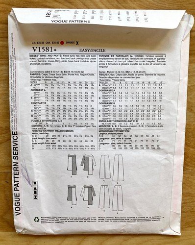 Pantalones Túnica Planos VOGUE American Designer Pattern 1581 Tom Linda Talla 14-22 SIN CORTAR - Imagen 2 de 2