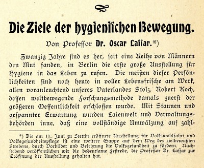 Prof. Dr. Oscar Lassar Die Ziele der hygienischen Bewegung Leitartikel v.1903