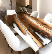 White Epoxy Table Wood for Dining Room, Resin River Countertops Slab Home Decor