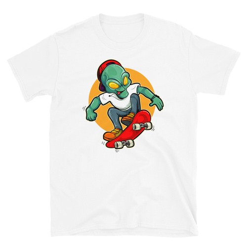 T-shirt unisex manica corta Alien Riding Skateboard UFO Conspiracy Theory - Foto 6 di 6