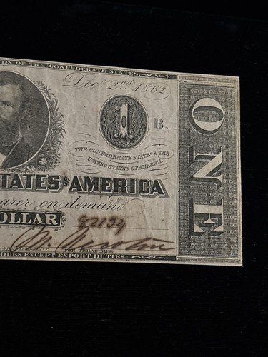 1862 $1 CONFEDERATE STATES OF AMERICA CSA Currency T-55 Cr-398 - Picture 4 of 7