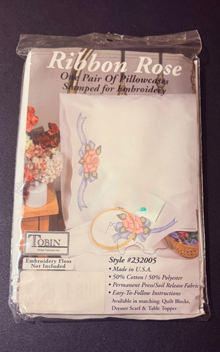 Ribbon Rose Pair of Stamped Pillowcases for Embroidery Kit # 232005 by Tobin