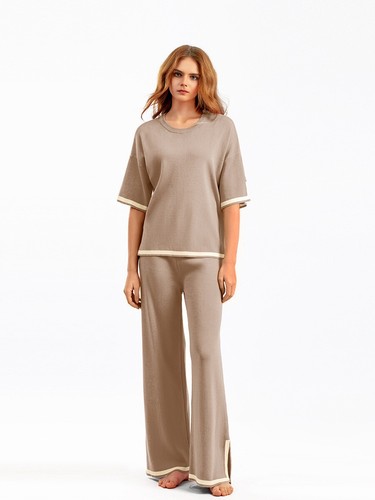 Kurzarm Strickshirt + High Waist Schlankmacher Hose mit weitem Bein, zweiteiliges Set Pa - Bild 17 von 31