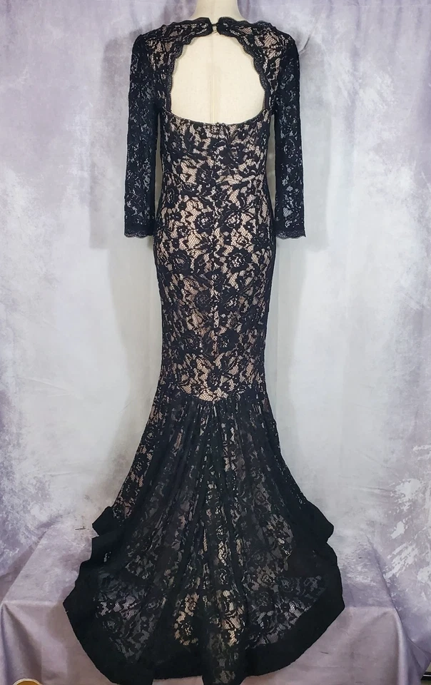 VENUS COUTURE Mermaid Evening Gown w/ Fishtail NUDE w BLACK LACE OVERLAY 10 - Image 4 of 4