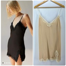 UO Out From Under Juliette Satin Lace Trim Mini Slip Dress Tan Womens Medium