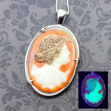 Sterling Cameo Uranium Glass Necklace Antique Custard Glass Orange Flapper Girl 