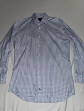 David Donahue Dress Shirt Mens 15.5 32/33 Button Up Trim Fit Blue Check