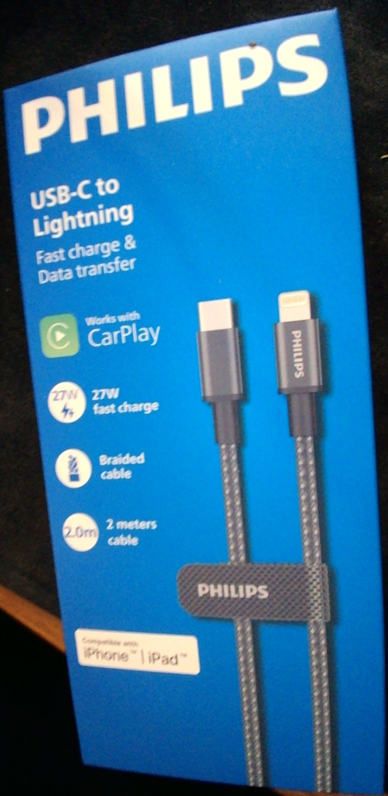 Philips USB-C to Apple 2m cable. 27W Fast Charge & Data Transfer. Braided.
