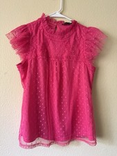 New York  Company Pink Sheer Polka Dot Ruffle Blouse Top  Size Small