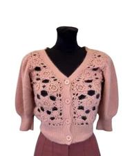 MNG Suit Angora Sweater Cardigan Floral Crochet Cottagecore Preppy Pink Size M