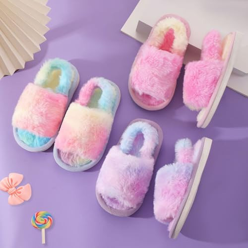 Fluffy Slippers for Girls with Heel Strap Kids Open Toe Slides 1 Big Kid Purple - Picture 5 of 8