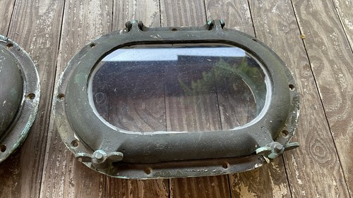 2 Antique Solid Bronze Oblong Porthole Windows w/ Trim Piece, Windows For Door - Picture 7 of 20