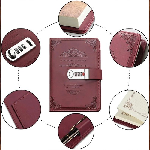 Leder Tagebuch mit Schloss Rot Mädchen Journal Passwortschloss Liniert Notizbuch - Bild 5 von 13