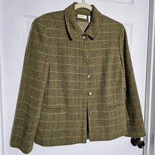 Ann Taylor Women's Olive Green Plaid  Wool Blend Blazer Jacket Size 10