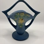 Roseville Columbine 365-7 Blue Art Pottery Basket Vase Yellow Flowers Vintage