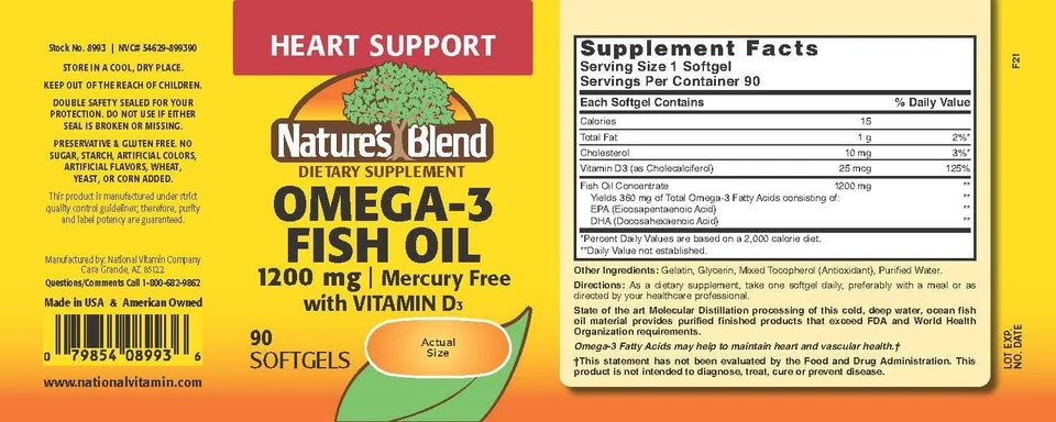 Aceite de pescado Nature's Blend Omega 3 1200 mg vitamina D3 1000 UI 90 cápsulas blandas sin gluten Foto 2 de 3