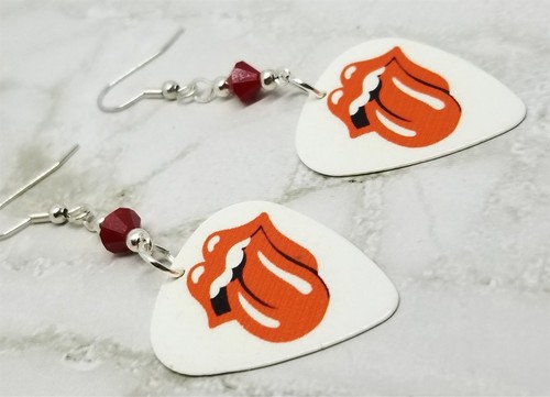 Rolling Stones Emblem White Guitar Pick Earrings w Opaque Red Swarovski Crystals - Picture 4 of 4