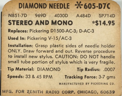 NOS Pickering D1500-AC-3 D-AC-3 Needle for V-15 / AC-3 Cartridge ZENITH 605-D7C - Picture 5 of 5