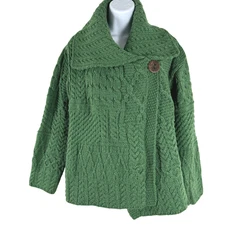 Carraig Donn Fisherman Cardigan Sweater Small Green Merino Wool CJ-2143