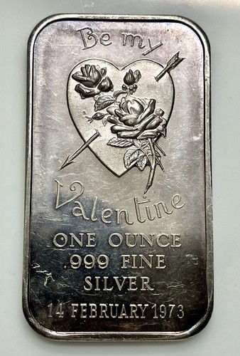 Barra de arte de plata fina Be My Valentine 999 1973 1 oz - Imagen 1 de 2