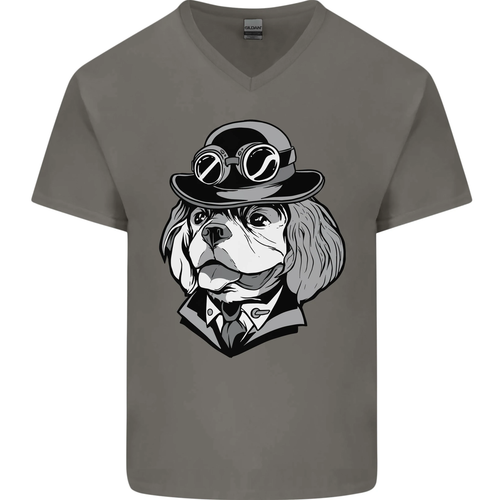 Steampunk King Charles Spaniel Cavalier Mens V-Neck Cotton T-Shirt - Picture 14 of 43